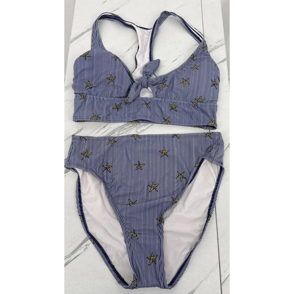 NWOT ModCloth Starfish Striped High Waisted Bikini Set Coastal Racerback Retro M